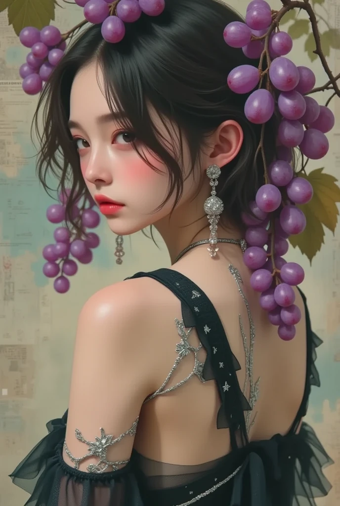 masterpiece, ultra detail, “A highly detailed and elegant portrait of a young woman with pale skin and delicate features, her expression calm yet alluring. She is adorned with a cluster of deep purple grapes that cascade around her hair and shoulders, intricately intertwined with sparkling silver embellishments resembling fine jewelry. Her dark, wavy hair flows naturally, with strands framing her face. She wears a dramatic black outfit with ruffled textures, and her arms and shoulders are decorated with delicate metallic vines and leaf-like ornaments. Her sheer, dark stockings are speckled with subtle, glittering patterns that resemble stars. The background is softly muted, focusing the viewer’s attention on the rich textures and colors of the subject. The overall mood is luxurious, mysterious, and artistic, blending natural and opulent elements seamlessly.”