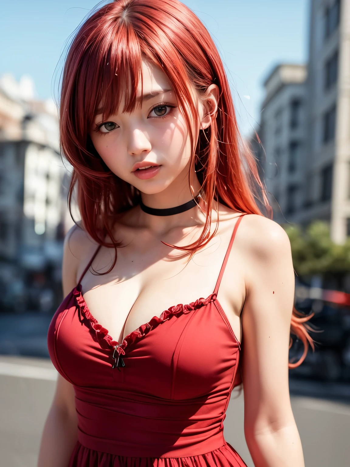 (embarrassed), red hair, orange hair, WeriArt Style, 1girl, blush, upper body, highly detailed eyes, hires, collarbone, frilled dress, open mouth