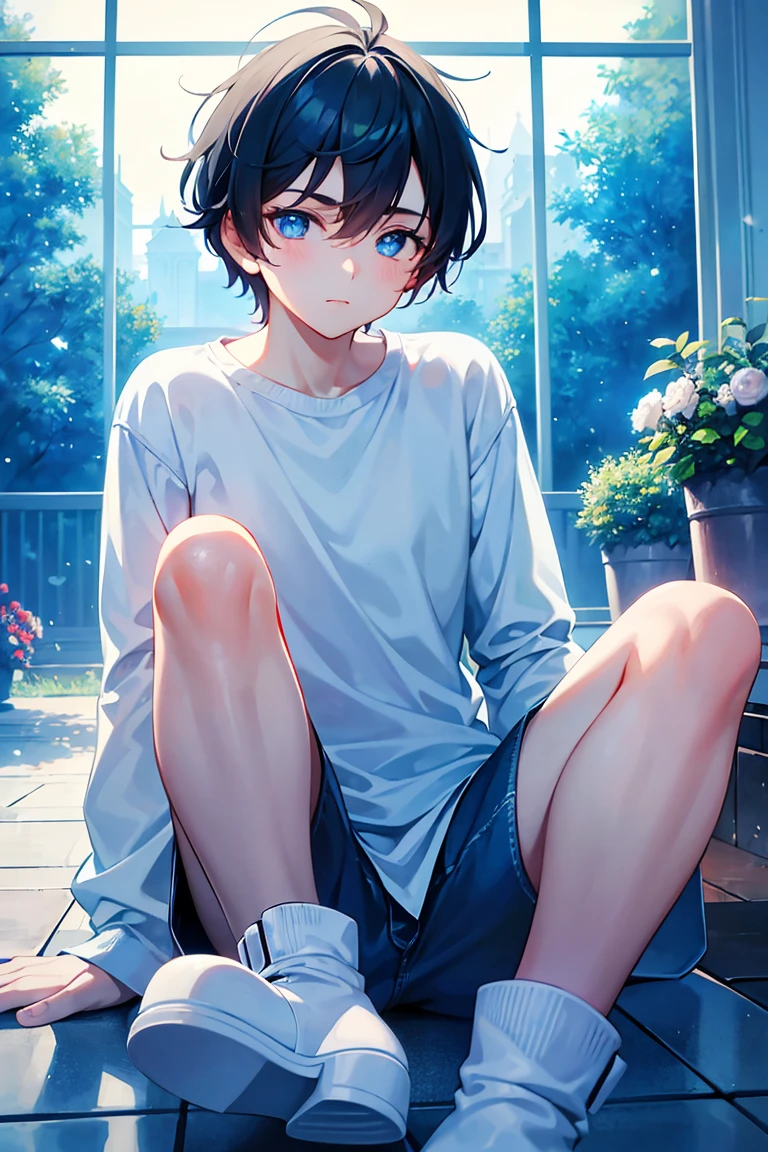 tmasterpiece，A high resolution，ultra - detailed，offcial art，Unity8k wallpapers，ultra - detailed，The boy sits by the window，18yr old，with short black hair，Short sleeves in white，blue short pants，Looking Up The Sky，starrysky