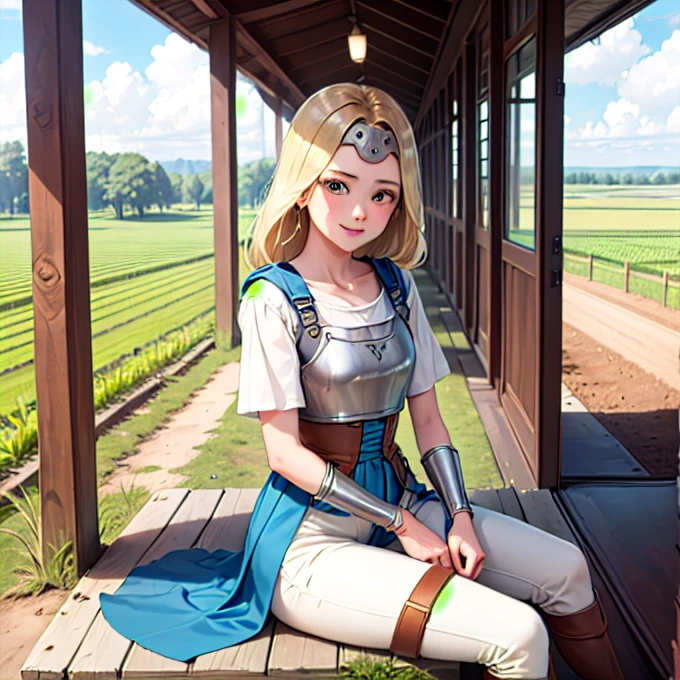 (  Masterpiece  ,  top quality:1.2),, cowboy shot, Alone,  1 girl , Mireyu, smile,  Watch Viewers, blouse, breastplate,  white pants  ,Farmland, countryside,Kawabata,Hut, sitting on the grass,Thigh boots, Brown footwear, sunlight,  petals, 
