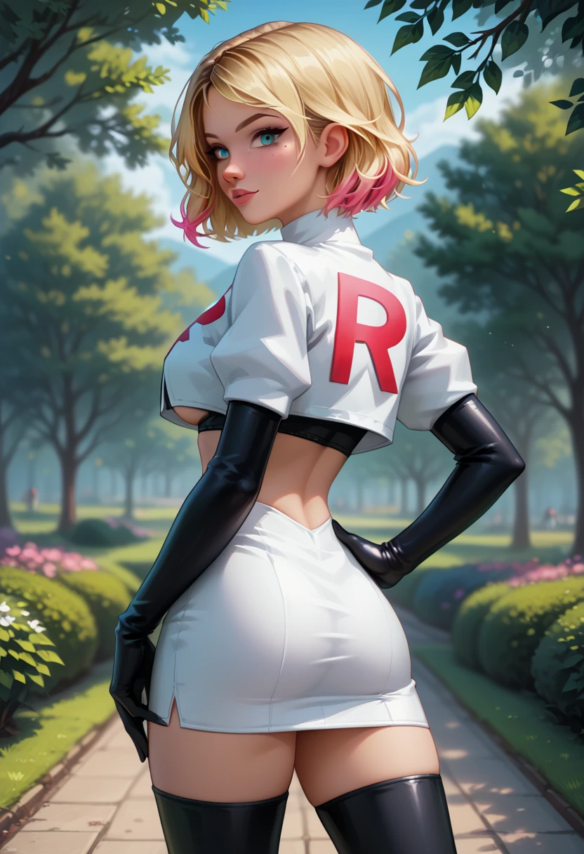 score_9, score_8_up, score_7_up, 1girl, solo, beautiful waifu, thicc, (short hair Gwen Stacy, blonde, colorful highlights:1.2), detailed eyes, detailed face, flirt, Cosplay_TeamRocket, team rocket uniform, white jacket, cropped jacket, white skirt, elbow gloves, black thigh highs, underboob, (hand on hip, hip out, sexy pose:1.3), in beautiful green park, trees, lowlight, early evening, shallow depth of field, (rear view, ass focus:1.1).