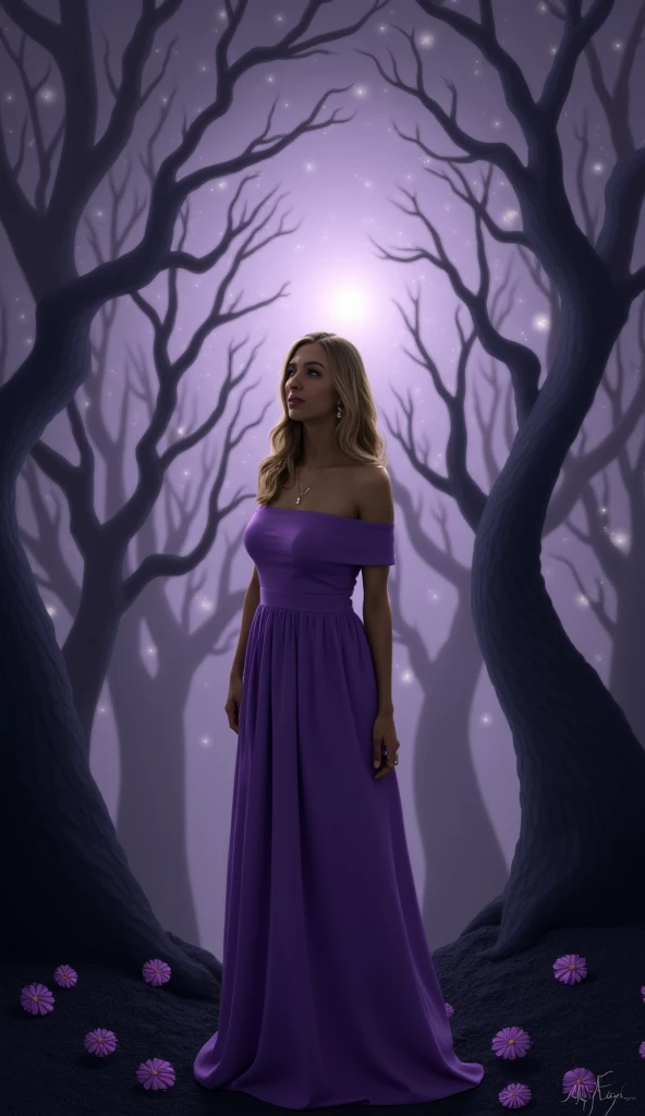 gnarled forest, a woman stands amidst a sea of twisted, shadowy trees. Her figure, a silhouette against the brooding sky, is framed by long, wavy dark blonde hair that cascades down her back. She is clad in a simple, purple off-shoulder dress, its delicate fabric catching the few rays of ethereal light that pierce the dense canopy. Her light brown skin glows softly, a stark contrast to the darkness around her. She wears minimal jewelry—a delicate pendant and simple earrings—that catch the light, reflecting tiny glimmers of hope. The sky above is a tumultuous blend of dark, stormy grays and stormy purples, but gentle streams of sunlight break through the clouds, casting a soft, almost otherworldly glow. The twisted branches of the trees form a labyrinth of shadow and light, their gnarled forms mirroring the inner turmoil and resilience of the woman. Despite the oppressive atmosphere, her expression is serene, her face turned slightly to the side, her eyes gazing into the distance with a calm that belies the storm within. At her feet, the ground is dotted with small, blooming flowers, their purple and lavender hues a symbol of the beauty that can grow even in the harshest conditions. The blurred, dreamlike background adds a sense of depth, drawing the viewer into a world where inner strength and hope shine through the darkest of times.