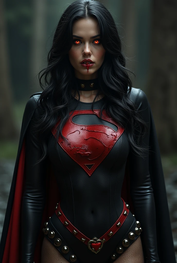 HYPER REALISTIC. A GOTHIC FEMALE WITH LONG BLACK HAIR, RED VAMPIRE EYES, LONG BLEEDING VAMPIRE FANGS SHOWING,(mini skirt negro :1.4) , WEARING A BLACK GOTH SUPERGIRL COSTUME AND CAPE, GOTHIC BOOTS, AND A BLEEDING "S" EMBLEM ON HER CHEST. STRUGGLING TO KEEP FROM RAGING OUT AND BECOMING MASSIVELY MUSCULAR AS A GIANT SWIRLING 3D RIFT OPENS BENEATH HER FEET., high quality, (RAW photo, best quality), (realistic, photorealistic: 1.4), (extremely delicate and beautiful: 1.4), amazing, fine details, masterpiece, ultra detailed, high resolution, best illustration, best shadow, intricate, ( extremely intricate: 1.2), (exquisitely detailed skin), cinematic light, perfect anatomy, (cool color: 1.4), sharp focus, 8k UHD, DSLR, (Fujifilm XT3),(iluminación cinematográfica :1.4), (pose americano :1.4), Epic Fantasy Art Style HD, 4K fantasy art, epic fantasy digital art style, epic fantasy art style, Fantasy Woman, epic fantasy art portrait, Epic fantasy style, hyperrealistic fantasy art, hd fantasy art, Epic fantasy character art, epic fantasy art, in style of dark fantasy art, epic fantasy digital art, (pose americano :1.4),( face detailed :1.4),( anatomía perfecta detallado :1.4), ,(Fondo de ruinas de mazmorra en ruinas cueva caverna piedras grandes :1.4 ),( iluminación cinematográfica :1.4),( supergirl superman :1.4)