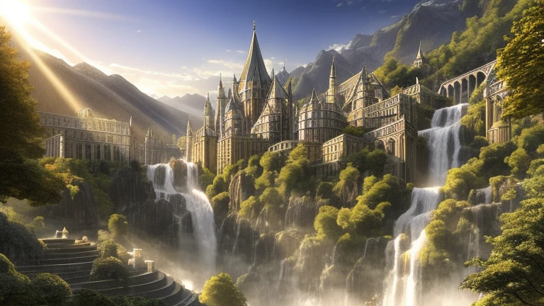 Valfenda's vision from the J . r. r.  Tolkien's books showing the exuberant mystical beauty of this elven city, The waterfall descending from the middle of the city and several trees surrounding the city,  sunny day books shining in the city,  ultra realistic image, high definition image