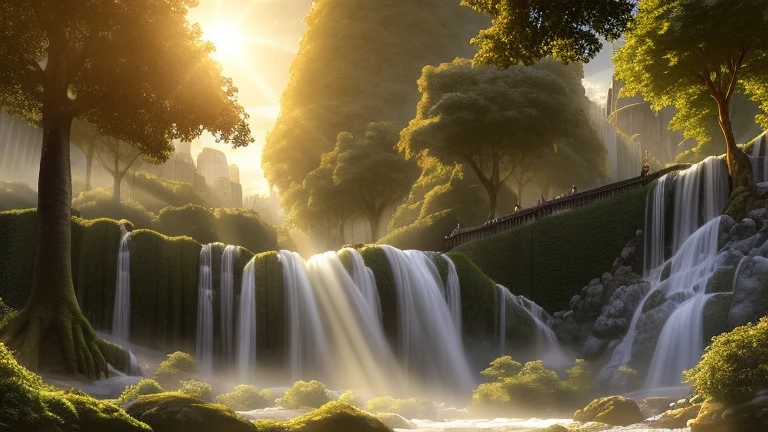 Valfenda's vision from the J . r. r.  Tolkien's books showing the exuberant mystical beauty of this elven city, The waterfall descending from the middle of the city and several trees surrounding the city,  sunny day books shining in the city,  ultra realistic image, high definition image