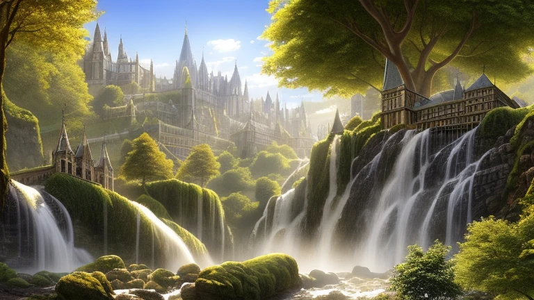 Valfenda's vision from the J . r. r.  Tolkien's books showing the exuberant mystical beauty of this elven city, The waterfall descending from the middle of the city and several trees surrounding the city,  sunny day books shining in the city,  ultra realistic image, high definition image