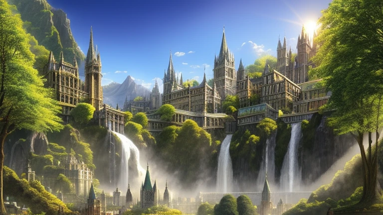 Valfenda's vision from the J . r. r.  Tolkien's books showing the exuberant mystical beauty of this elven city, The waterfall descending from the middle of the city and several trees surrounding the city,  sunny day books shining in the city,  ultra realistic image, high definition image