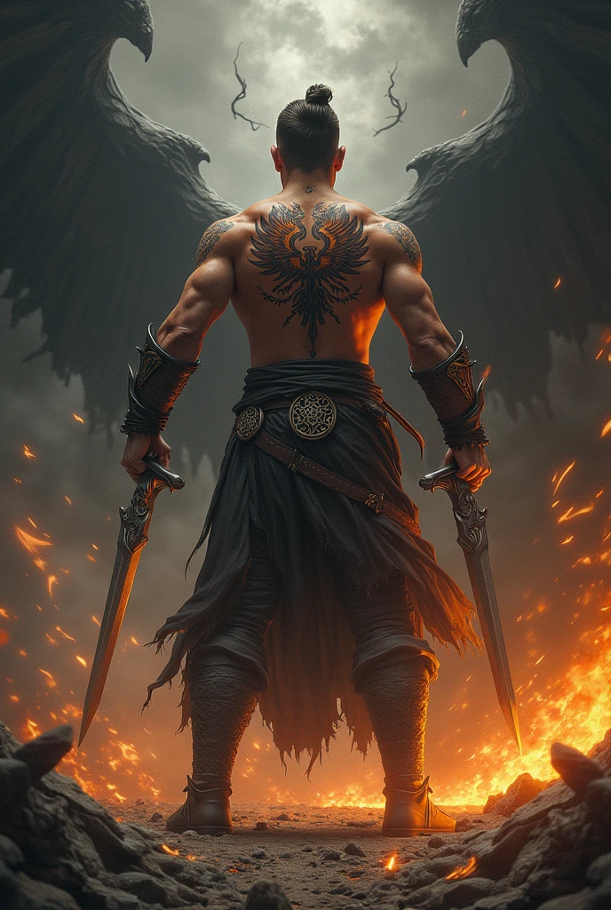 An epic bald angel half angel half demon with blacksmith weapons with tattoos of the letters MJAZ VG with fire on his right hand and white light on his left hand