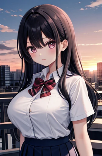 {  Masterpiece  }, { top quality}, 1 girl,School_uniform,sunset、 long black hair, big breasts