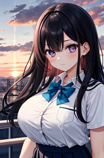 {  Masterpiece  }, { top quality}, 1 girl,School_uniform,sunset、 long black hair, big breasts