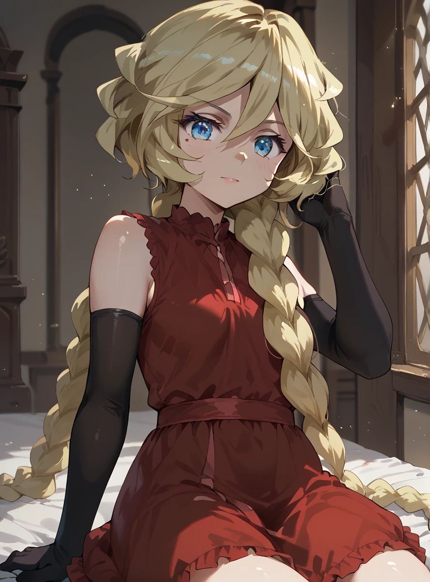 carolcasual,blonde hair, braid, mole, blue eyes, shiny hair, braided ponytail red dress, elbow gloves, sleeveless,