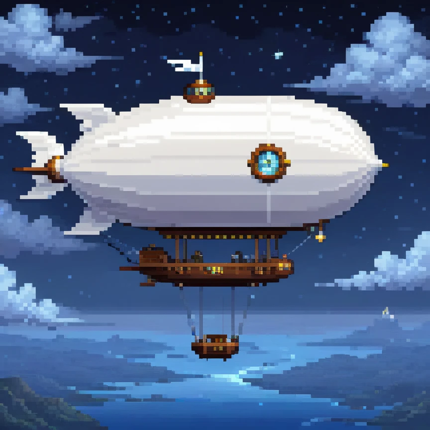 pixel art, 1 a small white dirigible airship ,adventure, night, clouds, stars, adventure
