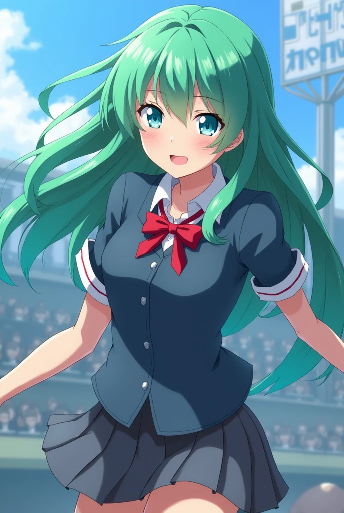 /(girl),(18 years old, mature and large body and sexual),(long green hair and green eyes),(height 1.67cm),(white skin color),(beautiful young woman),(12 year old childlike appearance),(super busty with super big breasts practically popping out of her clothes),(super big ass),(Wearing),+,(wearing The uniform consists of a short navy blue pleated skirt, with a golden border that adds a touch of elegance and shine. The skirt is accompanied by a short-sleeved blouse, also navy blue, decorated with white and gold stripes on the shoulders and sleeves. In the center of the blouse, the UA logo is highlighted in white, showing school pride. The cheerleaders wear white athletic shoes, which are comfortable and allow for agile movements. To complete the look, gold and blue pompoms are worn on the hands, synchronizing with the cheerleaders' lively movements and choreography, bringing an explosion of color and enthusiasm to the performances.)