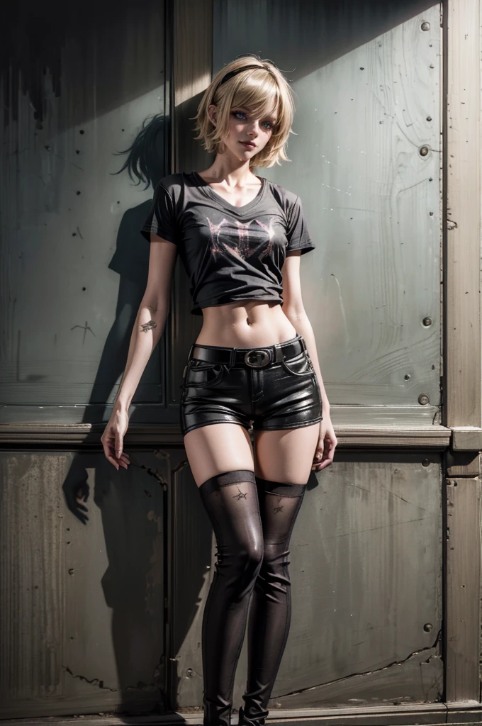 (Browsing Caution:0.7), Perfect Style, Beautiful Face, Highly detailed face and skin texture, (Maximum resolution: 1.2), 1 female,Hip Up, jewelry, (((He has many tattoos all over his body)), Streetwear, (((Tight shorts))), blonde, ,sneakers, (((Tight waist))), ((Big Breasts)),(See-through)