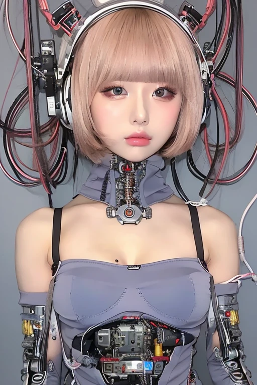 masterpiece, best quality, extremely detailed,portrait,front view,Japaese android girl,Plump,control panels,android,Droid,Mechanical Hand, Robot arms and legs,Blunt bangs,long tube,thick cable connected her neck