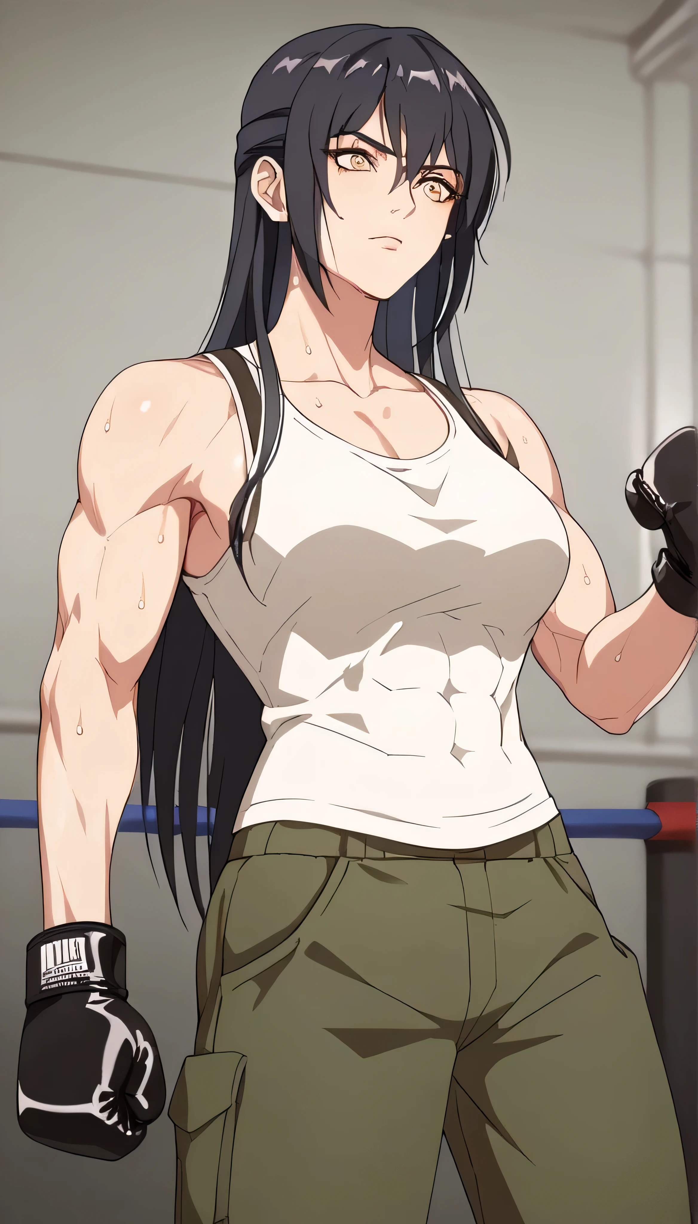 black hair,masterpiece,best quality,highres,ultra-detailed,aashizue,yellow eyes,long hair,cargo pants,(tank top:1.2), boxing gloves,toned, muscular,sweating, (sleeveless:1.4),cowboy shot,