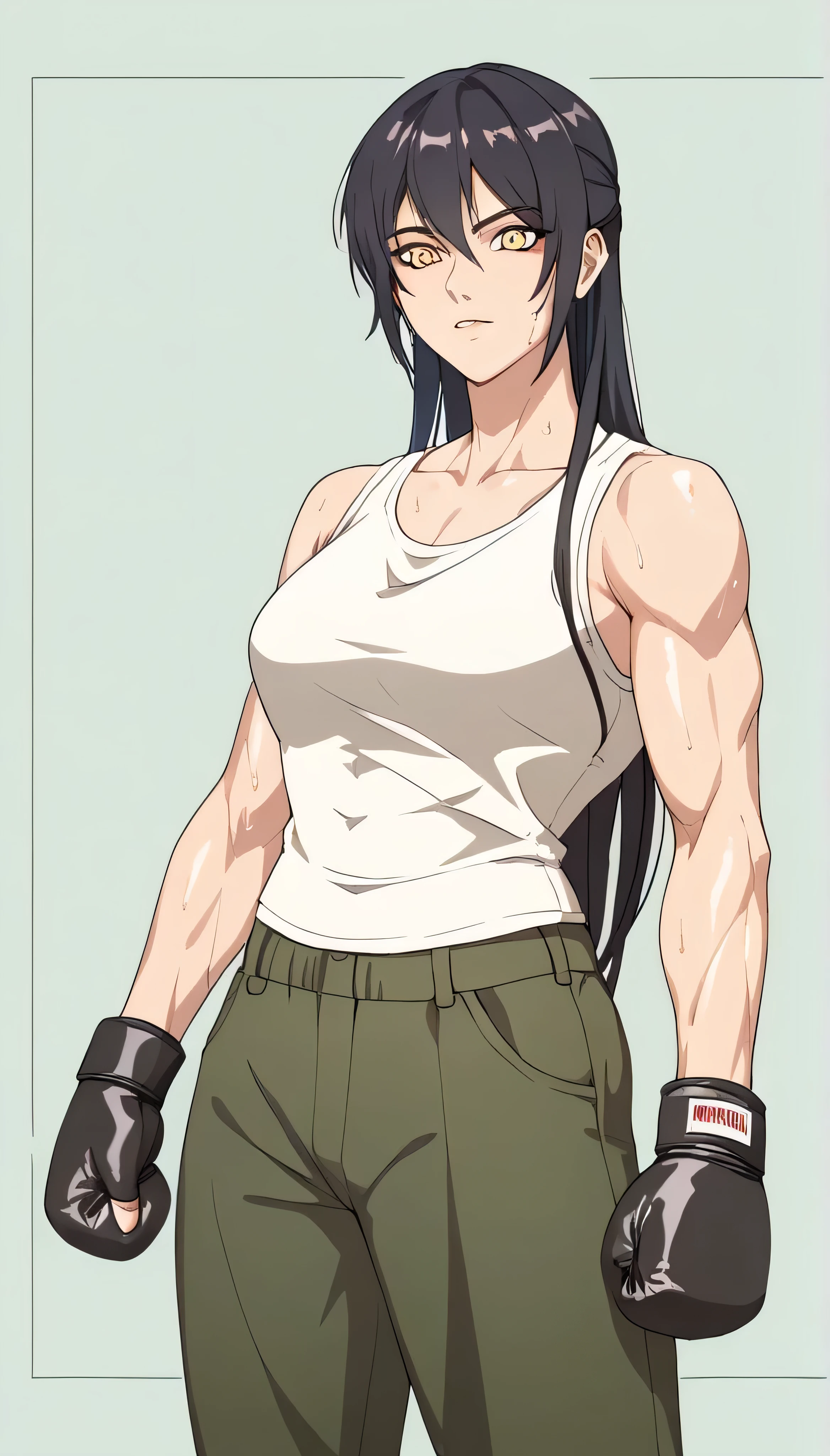 black hair,masterpiece,best quality,highres,ultra-detailed,aashizue,yellow eyes,long hair,cargo pants,(tank top:1.2), boxing gloves,toned, muscular,sweating, (sleeveless:1.4),cowboy shot,