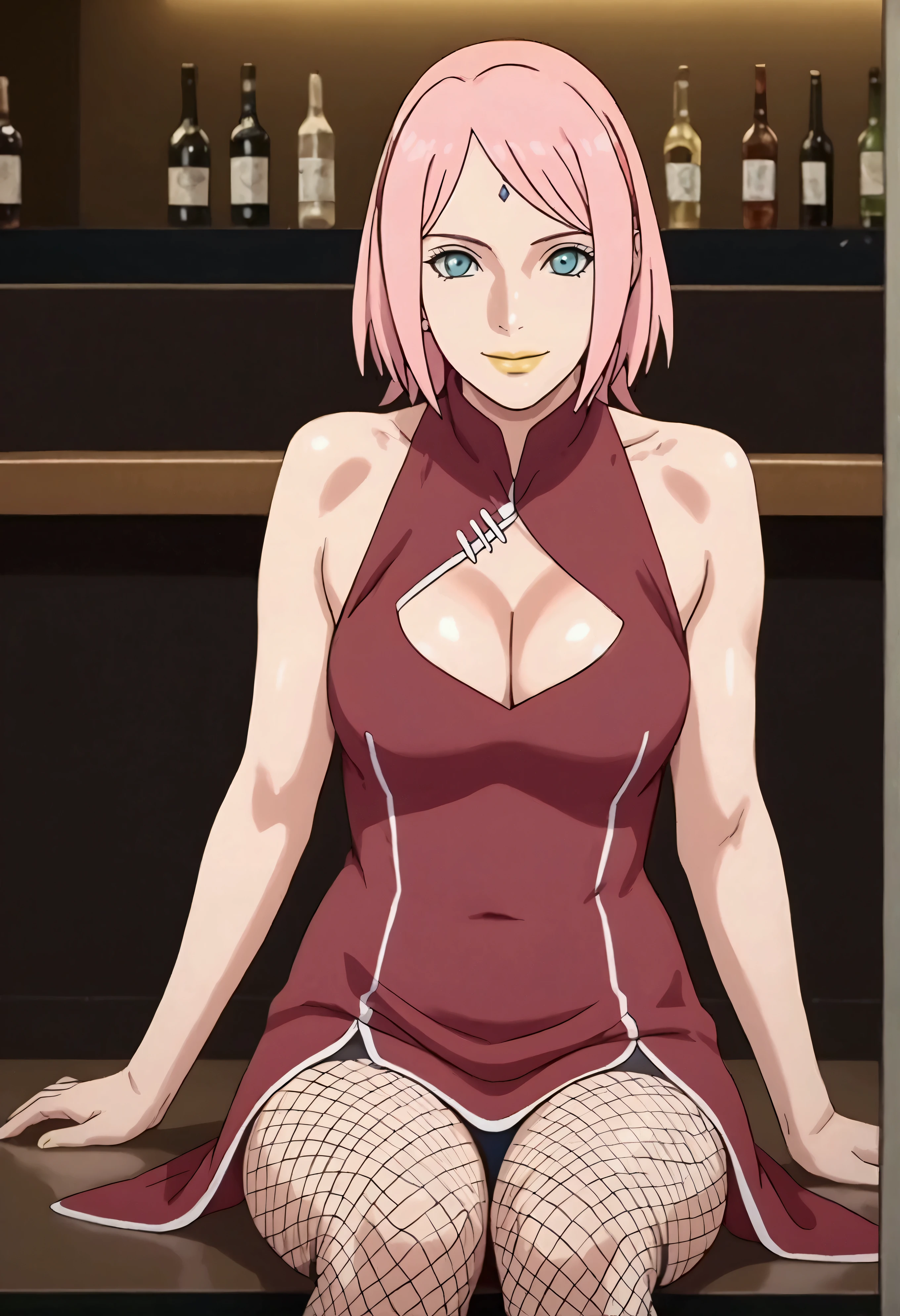 Haruno sakura, Sakura Haruno, pink hair, fishnet on shoulders, masterpiece, 1 girl, solo, mature woman, detailed lips, body proportion, blue eyes, soft gauze, detailed, photo shoot, realistic face and body, black turtleneck, cowboy photo, bare shoulders, seductive smile, nightclub, full body, smile, cleavage, yellow lipstick.