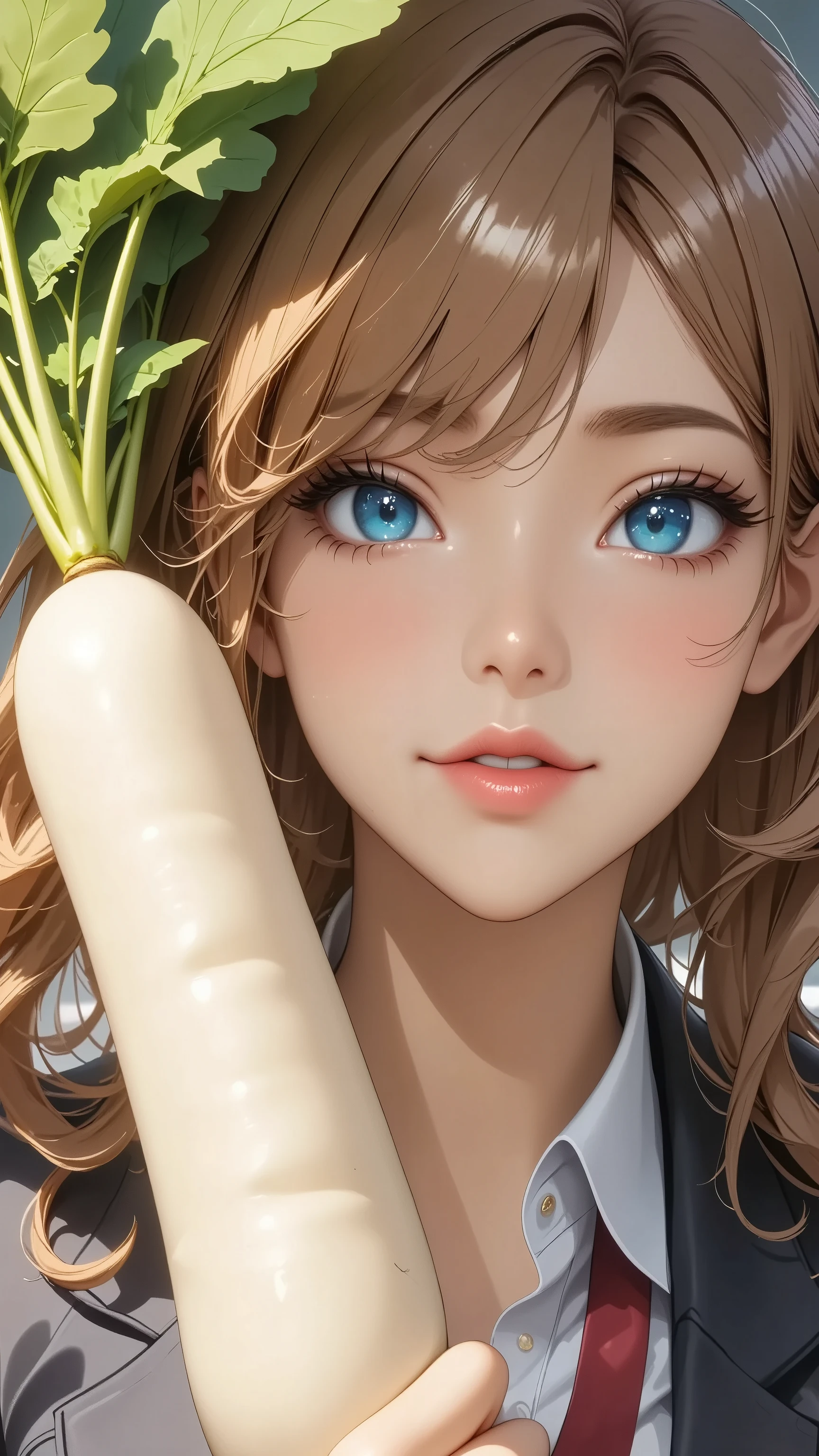 a high school girl, holding a daikon radish:1.4, beautiful detailed eyes, beautiful detailed lips, extremely detailed eyes and face, long eyelashes, Bust Shot, anime style, intricate details, warm lighting, vibrant colors, (best quality,4k,8k,highres,masterpiece:1.2),ultra-detailed,(realistic,photorealistic,photo-realistic:1.37)