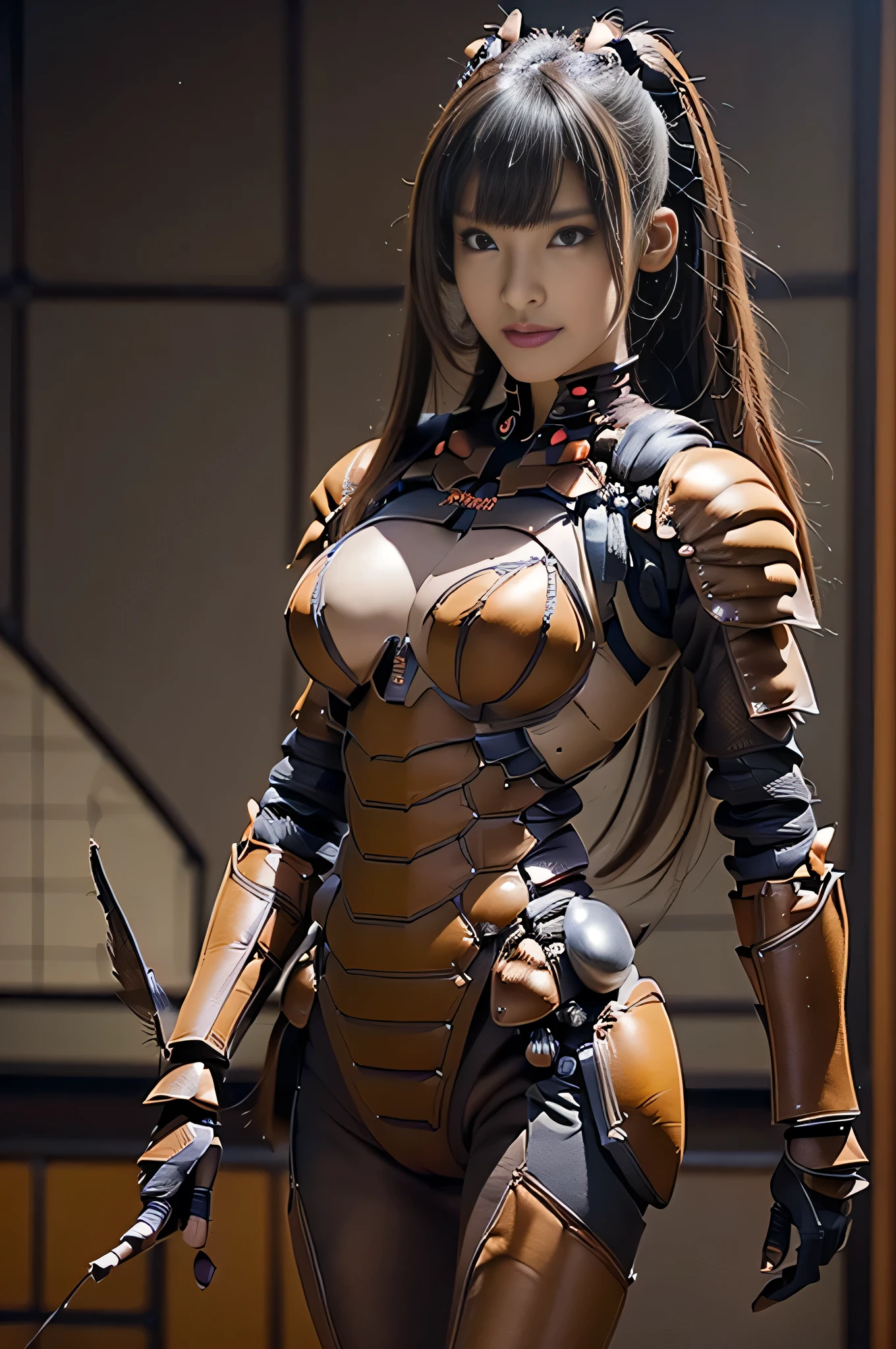 (high resolution,masterpiece,best quality,extremely detailed CG, anime, official art:1.4), realistic, photo, amazing fine details, all intricate, gloss and shiny,awesome many layers, 8k wall paper, 3d, sketch, kawaii, illustration,( solo:1.4), perfect female proportion,villainess, (fusion of dark brown cockroach and lady:1.4), (brown cockroach form lady:1.2), (brown cockroach lady:1.2), (fusion:1.2), (solo:1.4), (evil smile:1.2), muscular, abs, (cockroach brown exoskeleton bio insect suit:1.4), (cockroach brown exoskeleton bio insect armor:1.2), (brown transparency cockroach wing:1.4), (brown cockroach antennae:1.3),