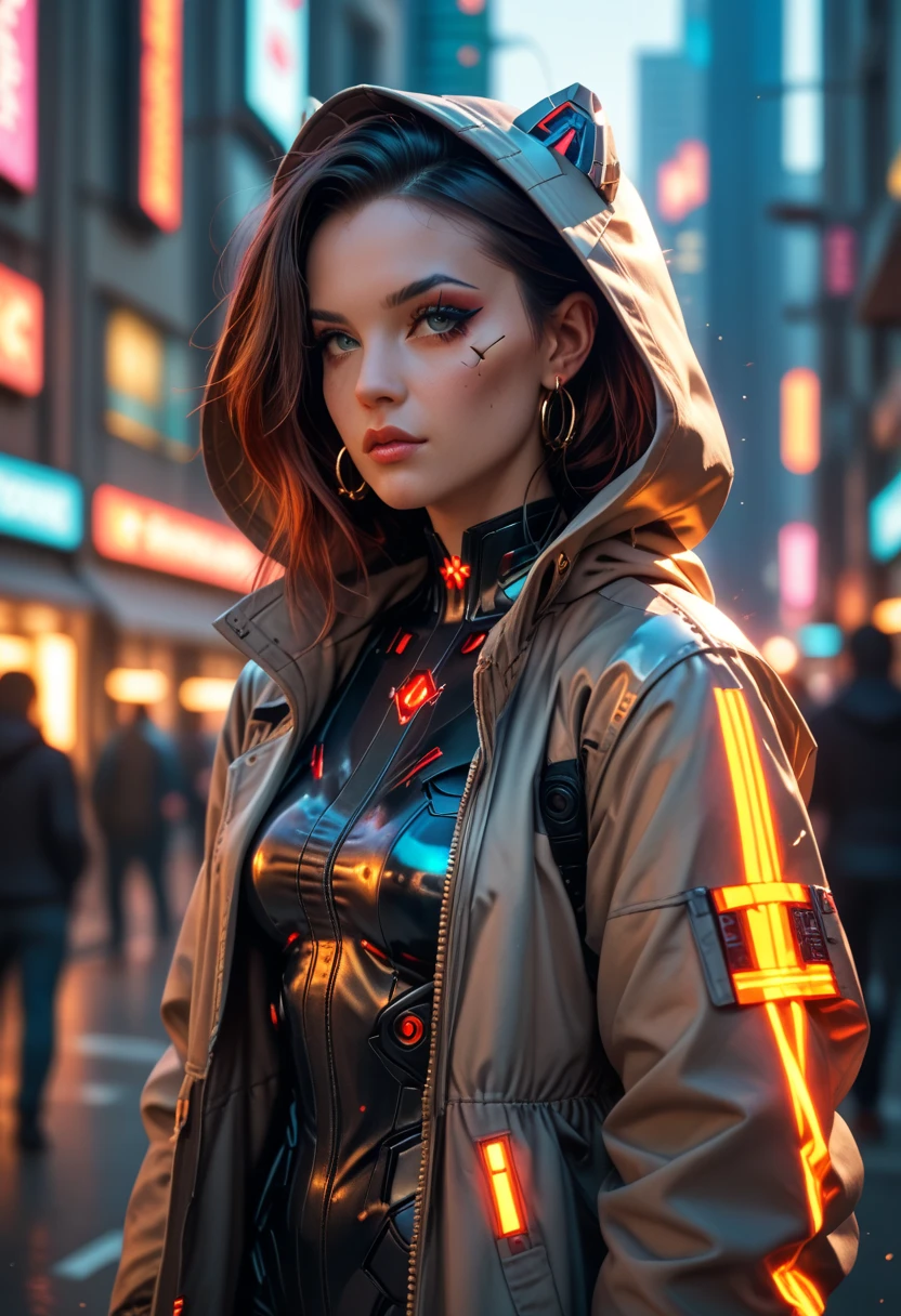 There is a woman in cyberpunk clothes and a hooded coat, she is in action and in the city.