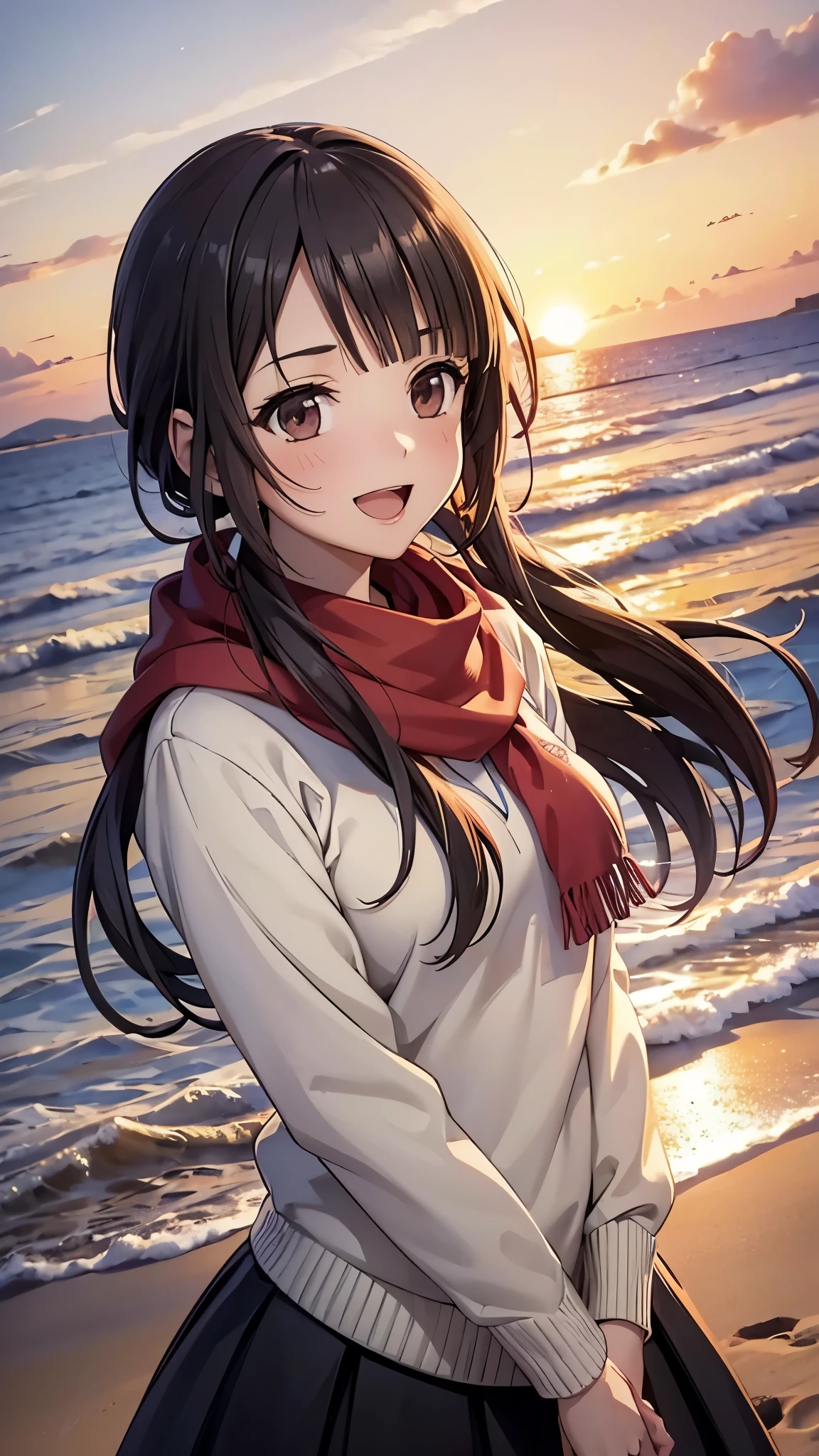 (top quality, greatest masterpiece),okitasawa,middle straight hair,orange hoodie,black long skirt,pantyhose, anatomically correct body , looking at the camera, very detailed facial features, beautiful and perfect face,(:d:1.3),Sunset sky,Evening summer and winter seashore,((upper body shot:1.3)),sea, sandy beach, looking at the camera, Front Angle,The setting sun,red cheek:1.3,red Scarf