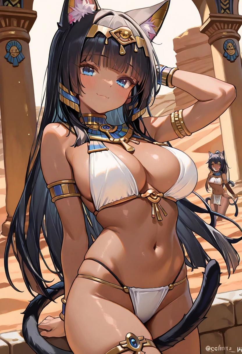  top quality、4K、8k、 high definition 、(  Masterpiece  : 1.2)、 very detailed、 black hair 、Brown Skin、 cat ears and tail 、Egyptian Decor 、 blue eyes、 long hair、 Desert Oasis、Cheerful pose、