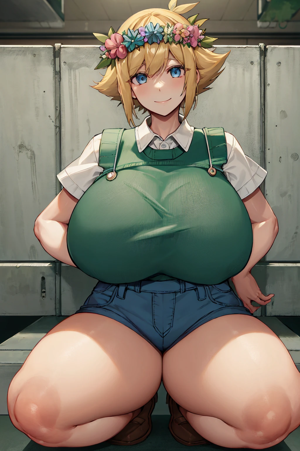 Yellow hair color,short hair,light brown eyes,chubbily ,huge breasts,whipped thighs,cat mouth,smile,Open mouth,open eye,double tooth,Town Background,SFW,perfect,high quality,faultless,