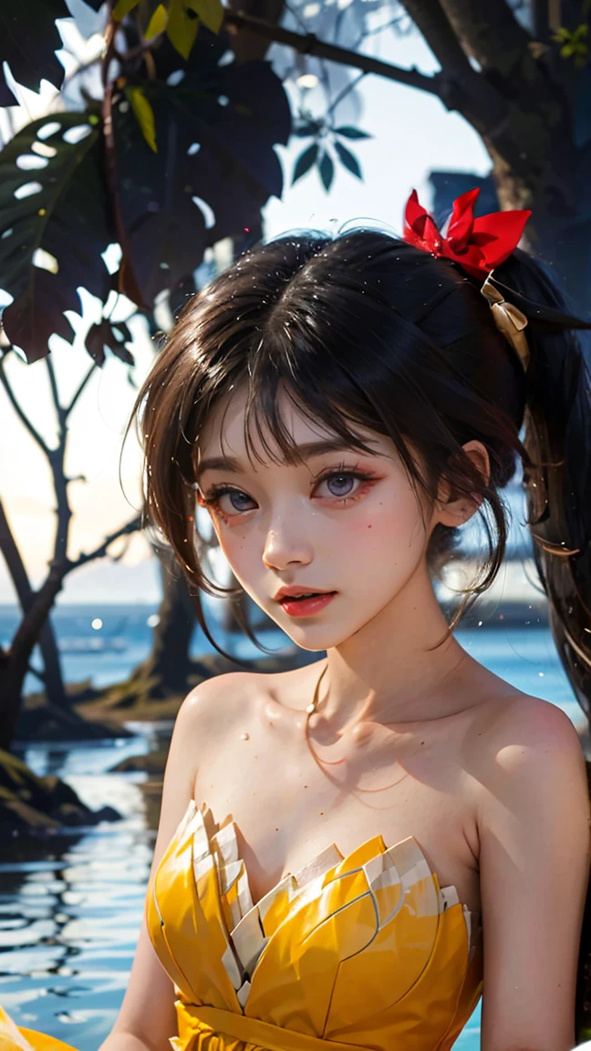 One Woman, alone, alone Focus, Cowboy Shot, Portraiture,Big Breasts, Beaver,((Black Hair)), Braiding, Very beautiful eyes, work, White knit, (Small TI quality, Very detailed,Swimwear,It is attracting a lot of attention from many people.