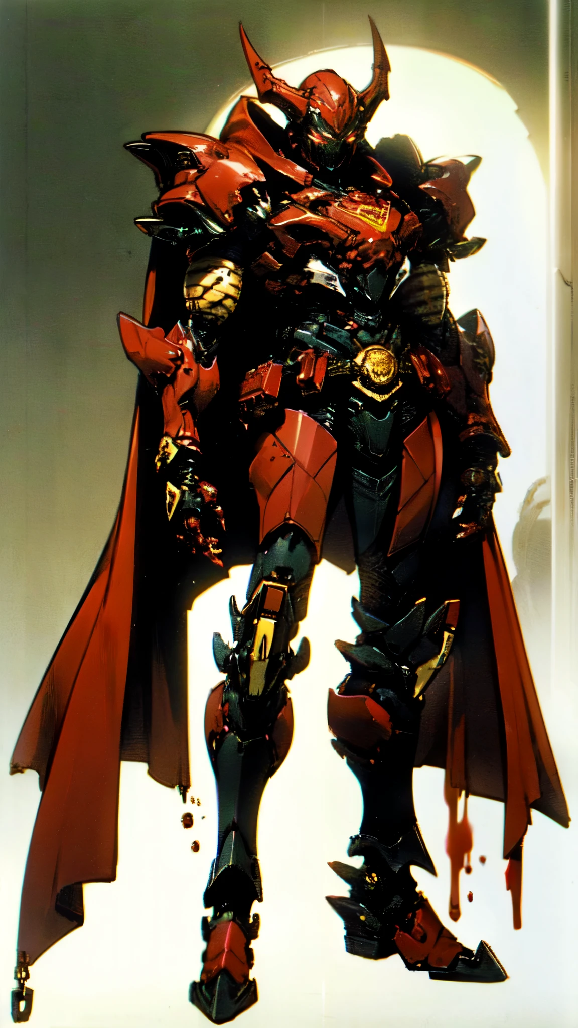 (masterpiece:1.5, best quality:1.5, extremely delicate:1.5), ((male:1.5)), a man wearing a full-face helmet, high-tech biomimetic armored combat suit, (a composite layered chest armor), the design balances heavy with agility, fully enclosed shoulder guards, matching arm and leg guards, a belt of gemstone, (the color scheme is primarily Red with Purple and Yellow accents, Organic Biotech, Concept Inspired by Vampire, glowing eyes, armor glows, huge cloak like devil wings, blood), stand of a futuristic sci-fi city, this character embodies a finely crafted fantasy-style armored hero in anime style, exquisite and mature art style, metallic, high definition, highres, ultra-detailed, ultra-fine painting, professional, perfect body proportions, golden ratio, anatomically correct, symmetrical face, extremely detailed eyes and face, high quality eyes, creativity, RAW photo, UHD, 32k, Natural light, cinematic lighting, (masterpiece-anatomy-perfect:1.2)