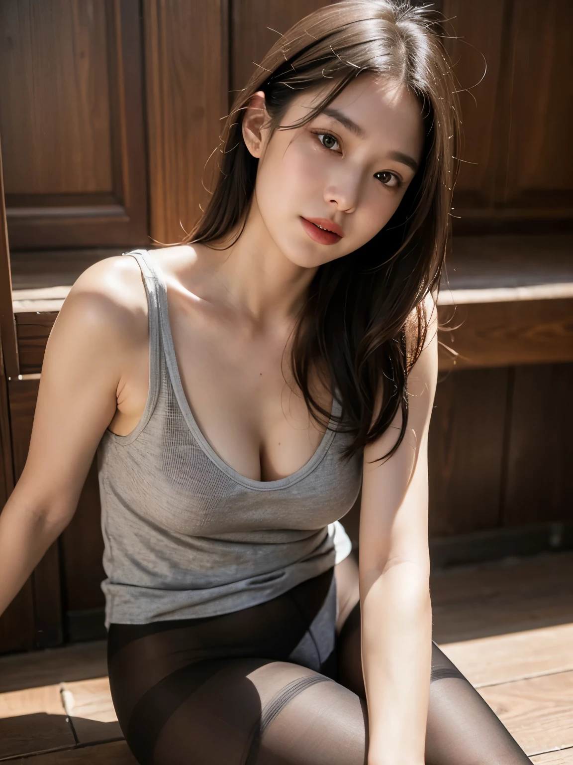 masterpiece, best quality, Surreal, Ultra Detailed, 8k resolution, RAW photos, Clear focus, (A girl in the forest), ((Light grey straight dress:1.1)), sports Shorts, Solitary, Perfect body,Bangs to eyebrows、(Half body:1.2),Beautiful brown hair、Beautiful and delicate eyes、Brown eyes、Raise an eyebrow、High Nose、Small nostril、Little mouth、Tempting lips、Mouth slightly open、Beautiful breasts、Full body、Oval face, Both eyes, Both eyes皮, Long eyebrows, Long eyelashes, A faint smile, Chest 32 inches,The face is good, The legs are slender and fair,Incredibly sexy,Perfect proportion、Perfect Anatomy、Perfect composition、Beautiful and detailed shadows、beautiful natural light、beautiful detailed glow、Depth of Field,32 inches in the chest,(a charming smile:1), (sexy pose),26 years old, light,White shoes