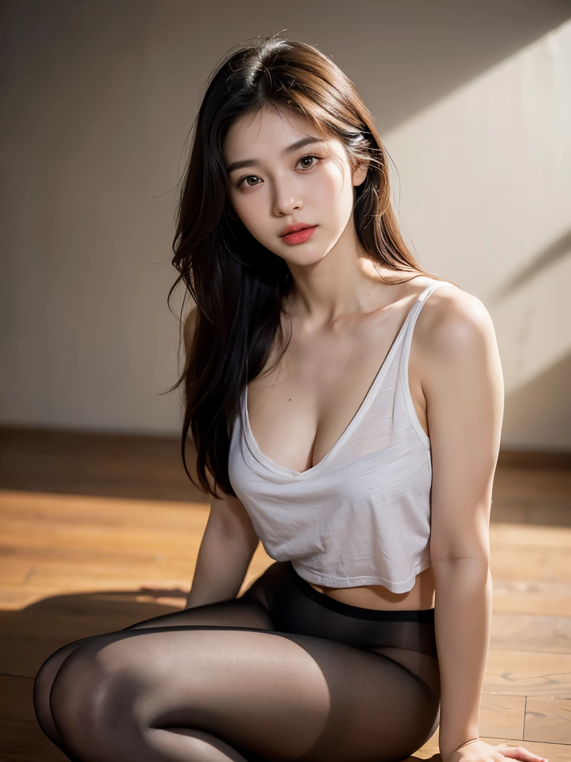 masterpiece, best quality, ultra high resolution (realism: 1.4), original photo, 35mm lens., F1 aperture.4, movie poster, light and shadow, female, a white cardigan, I see cracks, tight mini dress, long black hair, real skin, (skin detail: 1.3),