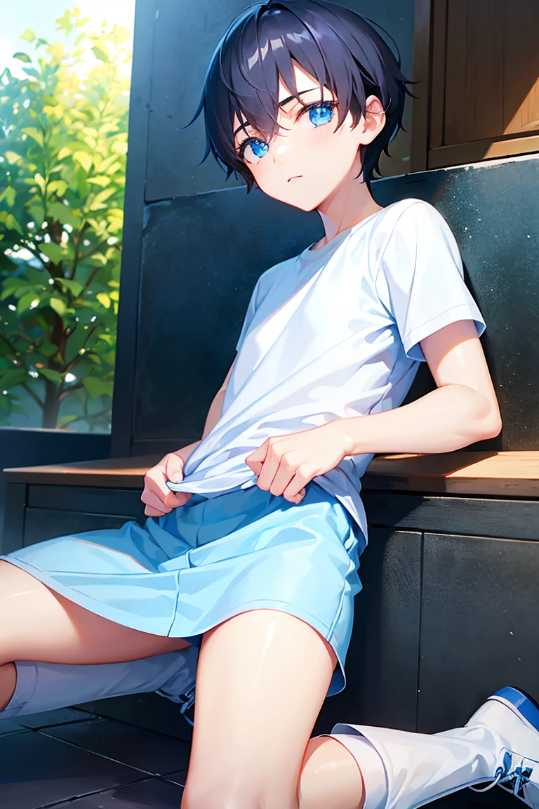 #composition (Low angle,worms-eye-view,There was a boy.), #person (A 14-year-old boy,Small but cute boy、Bullish personality、honor student、Good impression、Boy's hand、Knees、The thighs of a 14 year old boy、Big breasts Thin waist,Sweaty), #Boy facial (blue color eyes，Crying), #Boy's hair (His hair is jet black. He has short, Straight hair，Hairstyle is natural and neat，M-shaped bangs.), #boy cloth (His upper body，He was wearing a pair of white shorts.), #Boy's background (Blue background,White sheets), #Boy's pose (He sat flat，A hand stroked his waist,wide open thighs,Postural instability）, #Boy's emotions (Bitter face，Crying，streaming tears)
