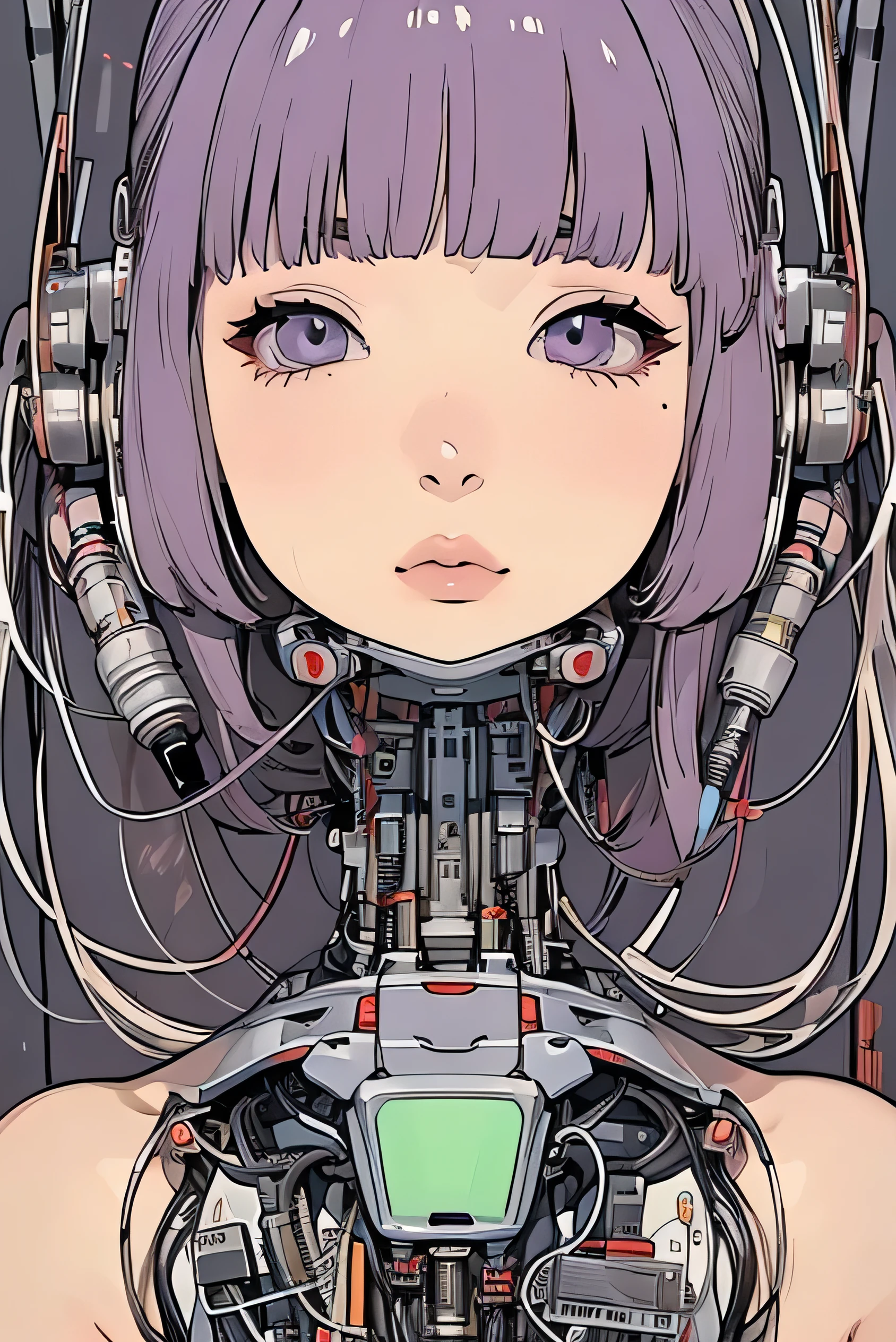 masterpiece, best quality, extremely detailed,portrait,front view,Japaese android girl,Plump,control panels,android,Droid,Mechanical Hand, Robot arms and legs,Blunt bangs,long tube,thick cable connected her neck
