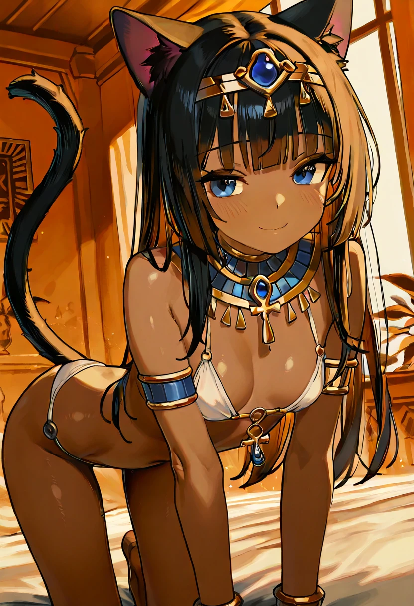  top quality、4K、8k、 high definition 、(  Masterpiece  : 1.2)、 very detailed、 very small breasts at the marine aquarium、Thin legs、 black hair 、Brown Skin、 cat ears and tail 、Egyptian Decor 、 blue eyes、 long hair、 Desert Oasis、Cheerful pose、