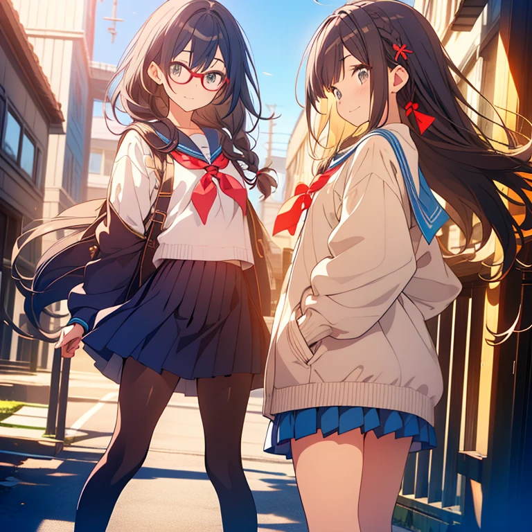 greatest masterpiece。 top quality。 Japanese anime style 。Game CG。 super high resolution。8k wallpaper。 detailed。 Attention to beautiful details。超 detailed目。 fine and beautiful eyes 。非常に detailed顔。 detailed肌。Beautiful composition。 Dynamic Composition。 dynamic angle from slightly below。 Dynamic Poses 。, shallow depth of field 。 the layout is a long shot 。 angle is a side view 。 the focus part is the whole body 。 the model's gaze takes off the horizontal 。Hues and overall tones are dark or cool。 pretty girl。 high school freshman。
The clothes are Japanese high school uniforms.、Winter clothes、 navy blue blazer, white cutter shirt, blue skirt, and black stockings。 cream-colored sweater with a ribbon are baggy 。 wearing dark blue socks and dark brown leather shoes 。 wearing glasses 。 background is outdoors during the day 、In summer、The 、 school yard。 the light source is on the right 、 the silhouette is backlit 。The lighting is natural light 。 realistic shadows。 cinematic lights。 jumping into space 、 posing with both arms raised 。 with a mischievous smile 。 there is movement and flow all over her hair 。
The girl's hairstyle 、 is braided on the side of the head 、 with braids gathered at the back 。 is long and naturally straight 、 or lightly wavy 。 The knot is decorated with a red ribbon and 、 gives a clean and feminine impression 。 overall With straight or light waves、 has a natural flow 。Hair color is black。 shiny hair。Small build。 the outline is a slender face line 、 with a slightly sharp chin 。 The outline of the face is soft and feminine, but 、 and is sharp enough to make you feel cool 。 her face shape is slightly long and 、 has a calm beauty 。Large dark brown eyes give a gentle, maternal impression。 sharp pupils。Realistic eyes。 highlight catchlight 。Emphasize pupils 。 brighter、Energetic、 positive personality 。 The knot is decorated with a red ribbon and 。 her posture 、 makes you feel inner strength and confidence 。While he has the beauty of a beautiful young boy,、She has a girlish charm。