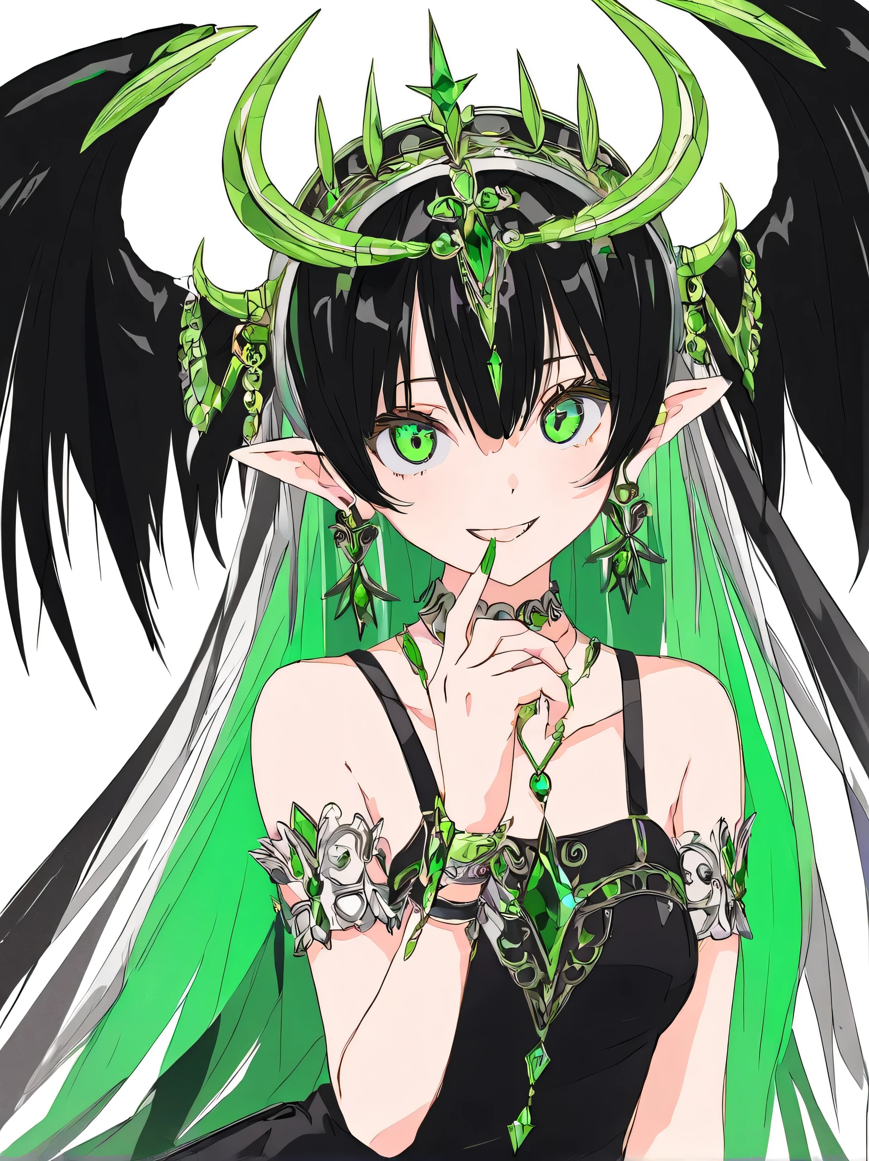   Masterpiece  , top quality, 1 girl ,  leotard 、 upper_body, Solo, Green, smile, , green_eye, horn, ringS, _ piercing above spo, gem, 前hair,  woven ,  streaked _hair, Multicolor_hair, pointy_S, off_ shoulder, black_nail, devil_wingS,  watching _in_ viewer, green_background