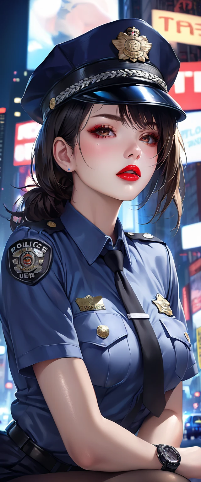 Alone, ( police uniform, Police Officer),  stockings, Citylights, ( watching the audience: 1.3), lips apart,  red lips, shiny skin,  dents on the skin ,  top quality,  super high resolution, ( realism: 1.4),  