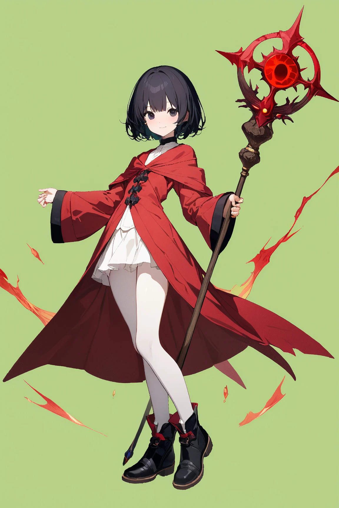 (green background:1.3), No wind, character sprite, Break, 
1 girl, (cute face), young, Intelligent Look, light smile, , petite, 150 cm tall,, Standing, feet out of frame, (black short hair, blunt ends), black eyes, (flat chest:0.8), slim, (deep red Mage Outfit, robe à l’anglaise, short length skirt), ankle socks, ankle boots, Mage staff,(porcelain skin), Break, 
(green background:1.3), No wind, high fantasy, game cg, absurdres,  highres icon, ultra detailed, beautiful, masterpiece, best quality,
