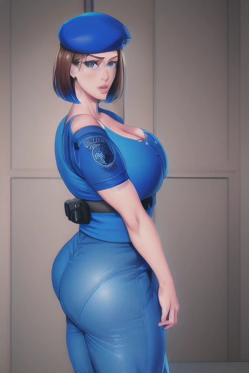    Jill Valentine,   Masterpiece  ,    top quality,    1 girl , Alone,    standing, , beret, uniform,   shoulder pad  , Short sleeve, Harness, belt, pants,    immovable pattern   ,  big ,  big butt , She's showing her side,  feet,  big butt , Neckline,  big  