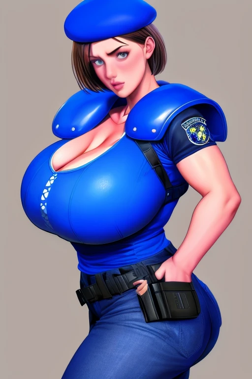    Jill Valentine,   Masterpiece  ,    top quality,    1 girl , Alone,    standing, , beret, uniform,   shoulder pad  , Short sleeve, Harness, belt, pants,    immovable pattern   ,  big ,  big butt , She's showing her side,  feet,  big butt , Neckline,  big  