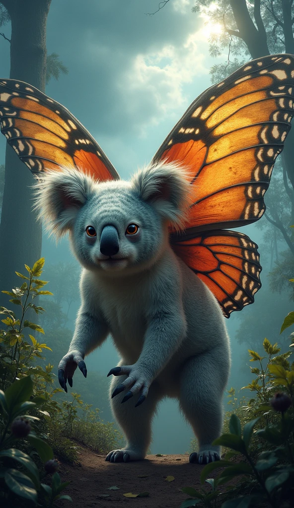 big koala with giant butterfly wings in the jungle