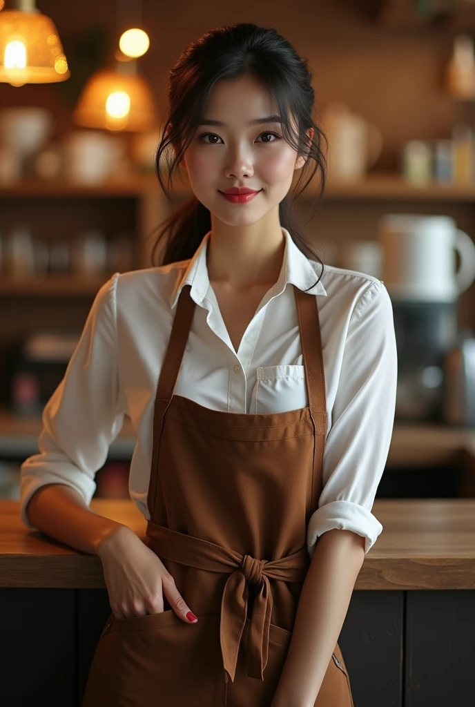 close-up of beautiful korean female, 34 inches breasts size, tied hair, wearing rolled sleeves shirt, and apron, holding tray of coffee cups, in the coffee shop, UHD