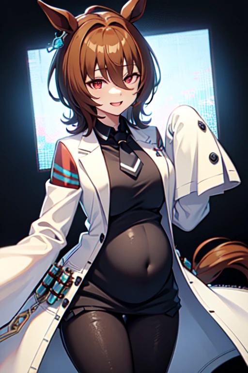 Agnes Tachyon 、Horse Girl、One person、 girl、Horse ears、Horse tail、 earring on one side 、Red eyes、I have lines in my eyes 、 shorthair、 brown hair 、Jacket、（White coat:1.2)、(bigger sleeve than wrist :1.1)、 yellow big sweater、 ties、 black pantyhose 、pregnant women、Stray hair、best qualty,slender 、evil smile