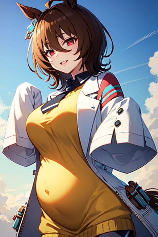 Agnes Tachyon 、Horse Girl、One person、 girl、Horse ears、Horse tail、 earring on one side 、Red eyes、I have lines in my eyes 、 shorthair、 brown hair 、Jacket、（White coat:1.2)、(bigger sleeve than wrist :1.1)、 yellow big sweater、 ties、 black pantyhose 、pregnant women、Stray hair、best qualty,slender 、evil smile