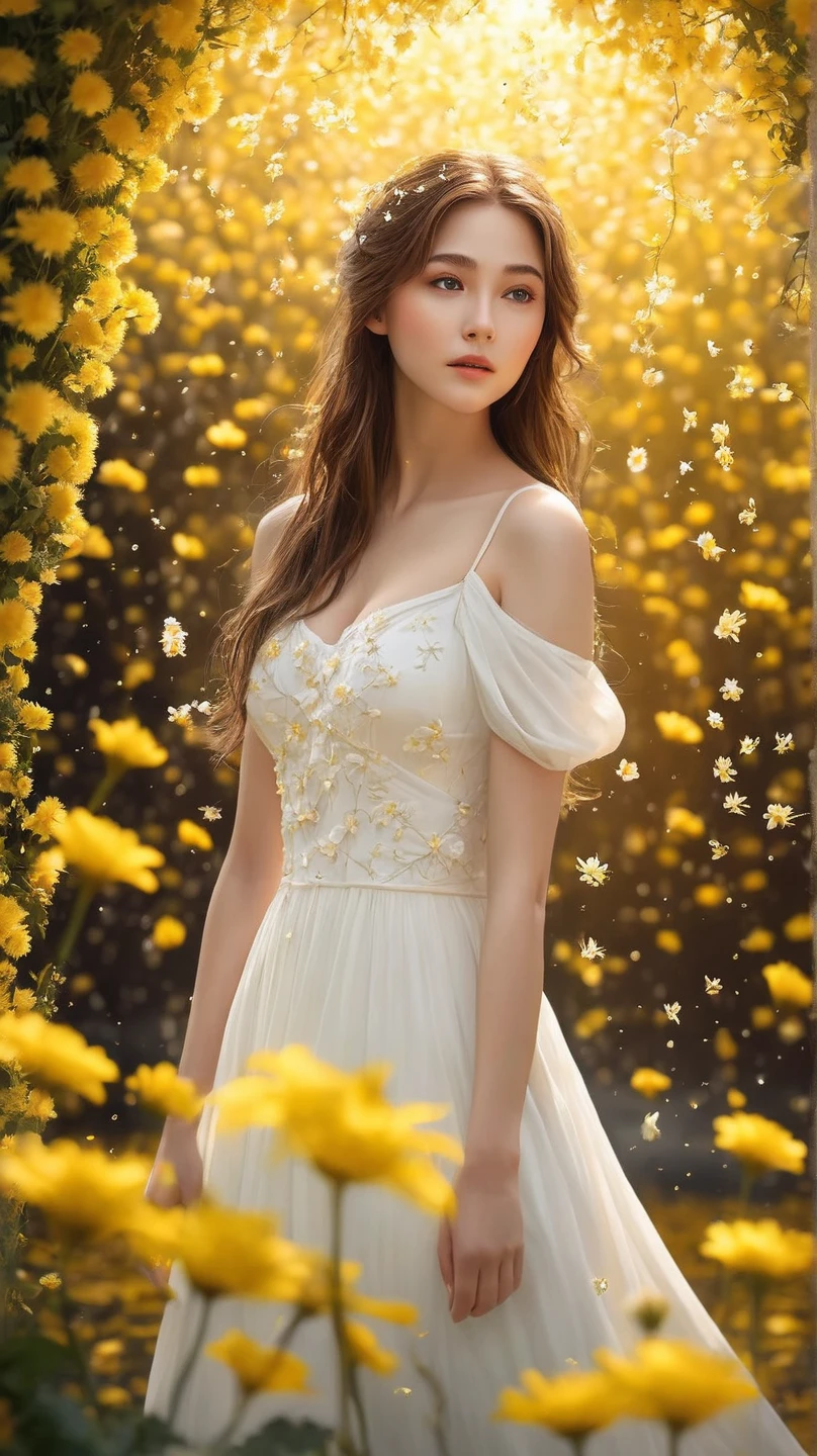 realistic,photography,(masterpiece,best quality),ultra-detailed,1girl,brown hair ,big breasts,white dress  stars in the eyes,pure girl,(full body:0.5),There are many scattered luminous petals,Hidden in the light yellow flowers,Many flying drops of water,Many scattered leaves,branch,angle,contour deepening,cinematic angle,(Tyndall effect),