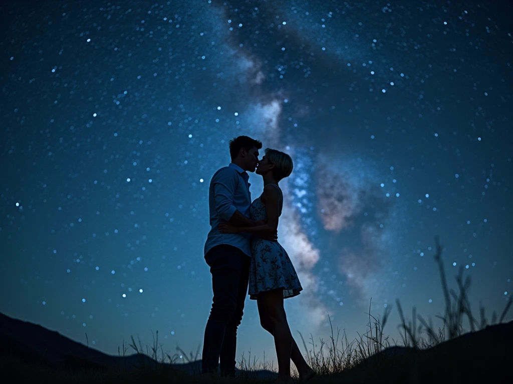 Universo colorido. Magia no ar. Um sonho. Casal de maos dadas sobre as flores roxas. Lua. Pouca luz. Neve caindo sobre a paisagem.
