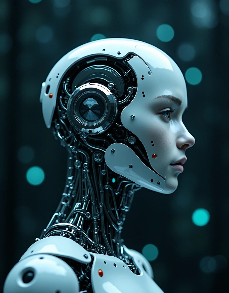 High Definition, 8K resolution, realist, humanoid, Female Robot, laboratory, cirujia, artificial brain implant, white color with blue sparkles