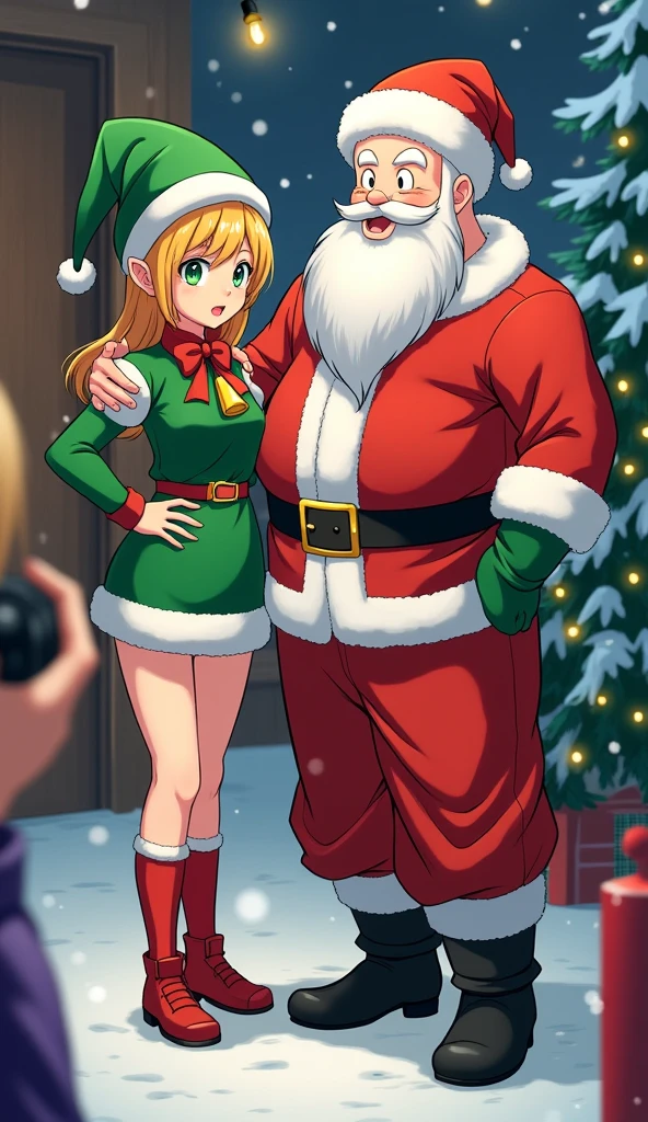 Clover, totally spies, blue eyes, blonde hair, santa outfit, standing, pussy, room, black boots, santa hat, smile, half-closed eyes, long sleeves, black belt, open mouth, thighjob, thigh sex, thighs together