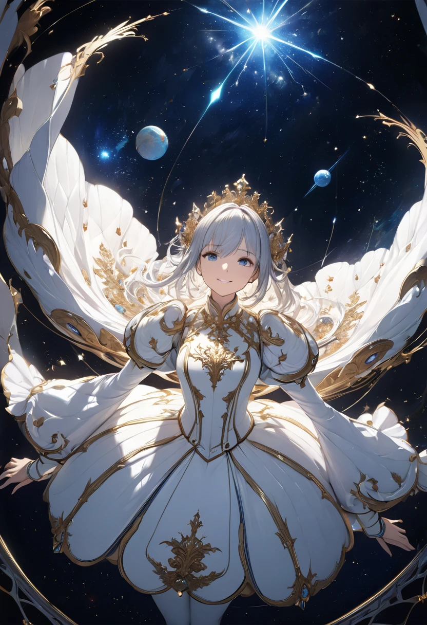 absurd res, A high resolution, masterpiece, bestA highly detailed, 1girll, From above, space, Floating, Gorgeous aristocratic costumes, Sharp focus, (Cinematic lighting), (1girll), Slight smile